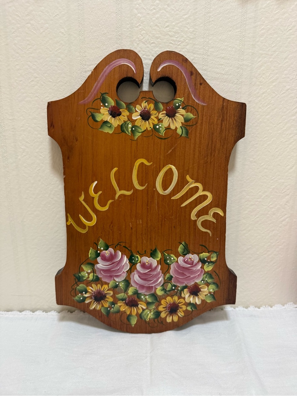 Welcome Hand-Painted Wood Wall Sign - Floral Pink and Yellow
